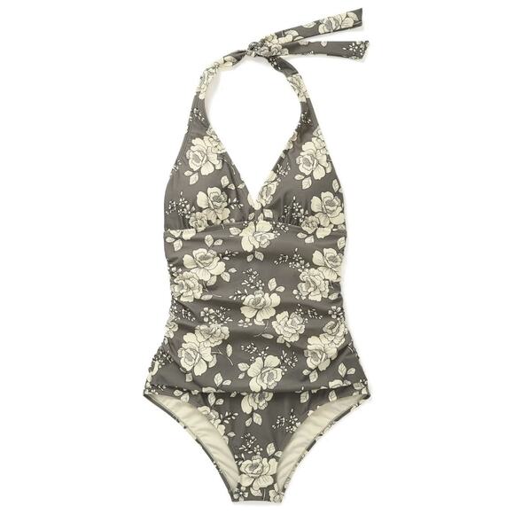 Adore Me Size 1X One piece Bathing Swim Suit Gray Floral Halter Lined Bra NWT - Picture 1 of 11